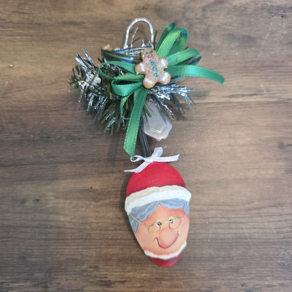 Handmade Spoon Ornament Mrs. Claus Gingerbread Green Bow Christmas Ornament